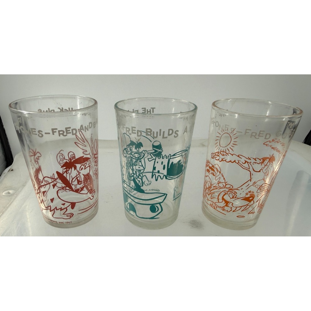 VTG 1962 Welch's Flintstones Jelly Jar Glasses Fred Barney Dino Set of 3